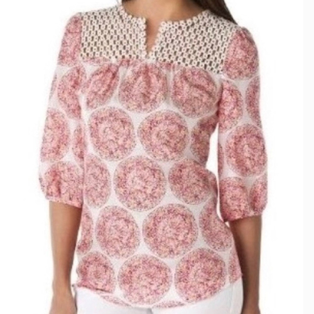 Calypso St. Barth for Target 100% Silk Pink Medallion Crochet Blouse XS